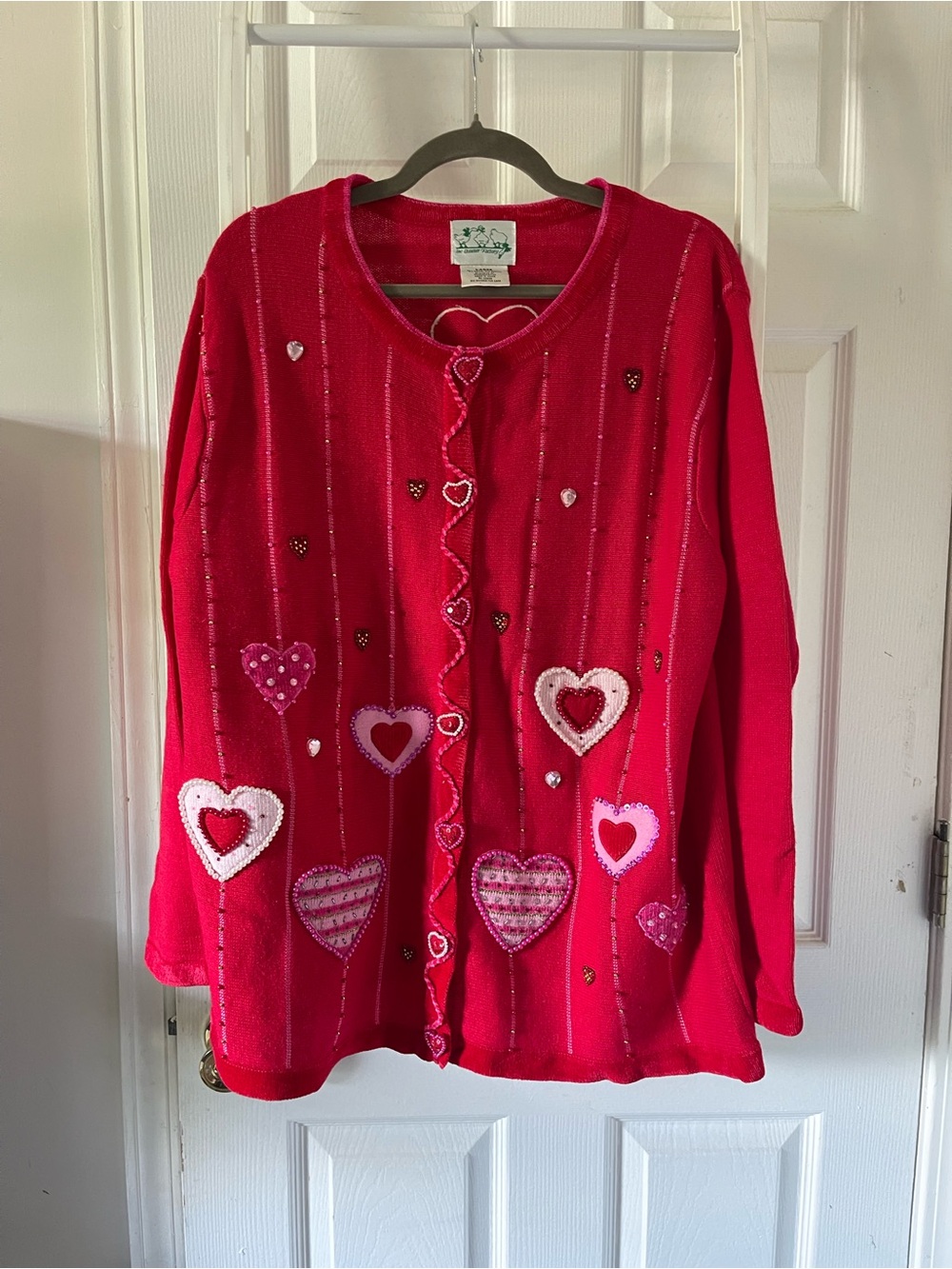 Vtg Quacker Factory Red Heart Beaded Cardigan Sweater Valentine Pearl Sequin L